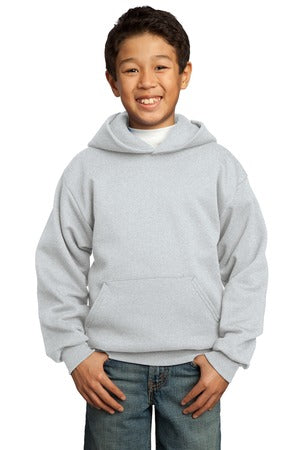 Young boy wearing Port & Company Youth Core Fleece Pullover Hooded Sweatshirt in light gray, featuring front pouch pocket and ribbed cuffs.