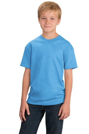 Young boy wearing Port & Company Youth Essential Tee in light blue, showcasing short sleeves and classic crew neck.