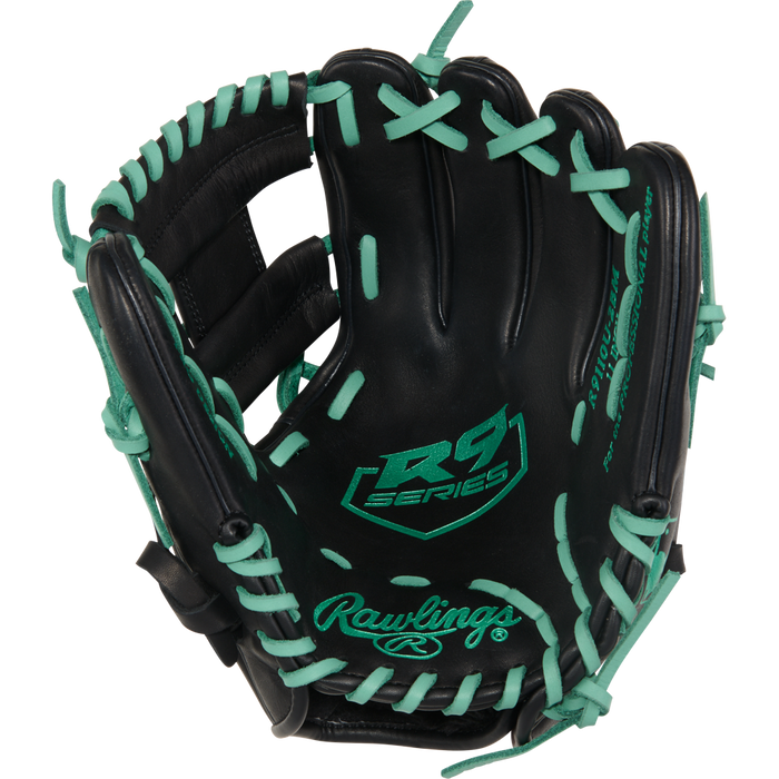 The Rawlings R9 11" ContoUR Baseball Glove (R9110U-2BM) is a black youth infield glove with teal laces and stitching, RS Series and Rawlings logos on the palm—stylish and ideal for young players.