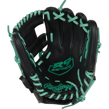 The Rawlings R9 11" ContoUR Baseball Glove (R9110U-2BM) is a black youth infield glove with teal laces and stitching, RS Series and Rawlings logos on the palm—stylish and ideal for young players.