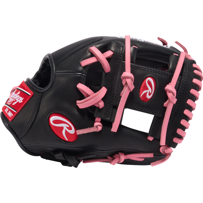 The Rawlings R9 11.25" ContoUR Baseball Glove (R91125U-2BP) is a black youth infield glove with pink laces and accents, plus red and white Rawlings logos on the wrist and thumb—ideal for young baseball players.