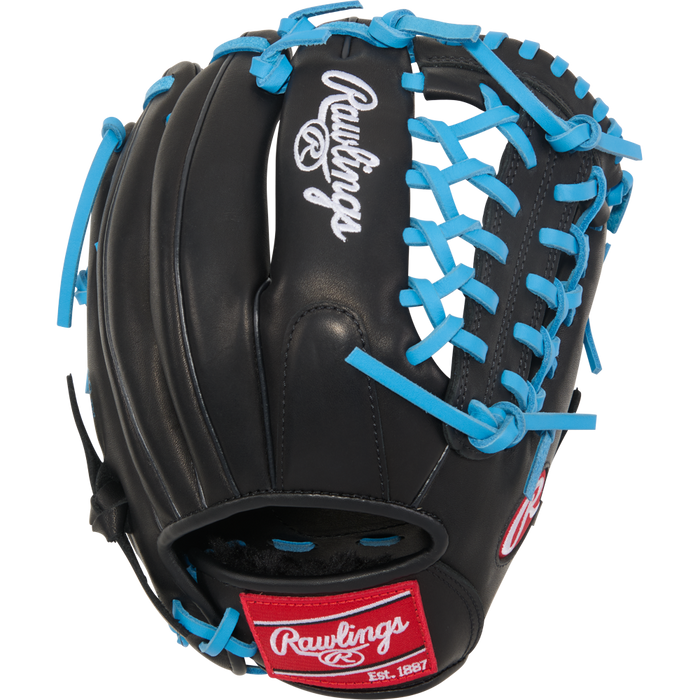The Rawlings R9 11.5" ContoUR Baseball Glove (R9115U-4BCB) features black all-leather, bright blue laces, red accents, and a white Rawlings logo—perfect as a youth infield glove.