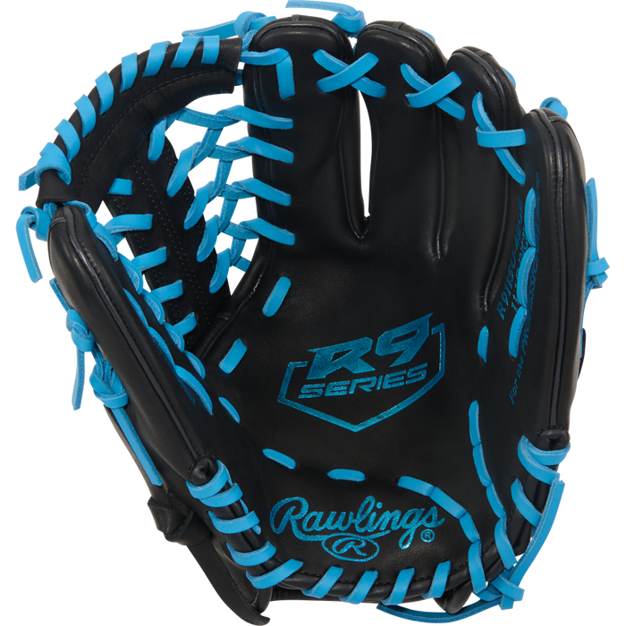 The Rawlings R9 11.5" ContoUR Baseball Glove (R9115U-4BCB) features black leather, bright blue laces, the R9 Series logo on the palm, Rawlings branding by the wrist, and is shown open against a white background.