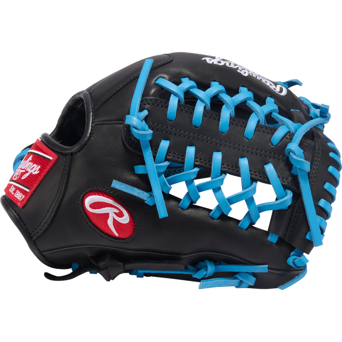 The Rawlings R9 11.5" ContoUR Baseball Glove (R9115U-4BCB) is a black all-leather youth infield glove with bright blue laces and red Rawlings logos on the side and wrist.