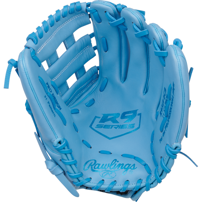 The Rawlings R9 11.75" Baseball Glove (R9315-6CB) is a light blue glove, displayed open with visible laces, detailed stitching, and Rawlings logos on the palm and thumb.