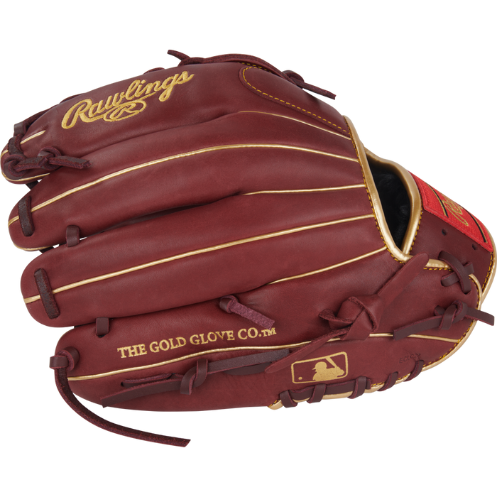 The Rawlings R9 12" Baseball Glove (R9206-9SH) is shown on a white background, featuring brown leather, yellow stitching, gold Rawlings logos including THE GOLD GLOVE CO. and the MLB logo—ideal for serious youth players.