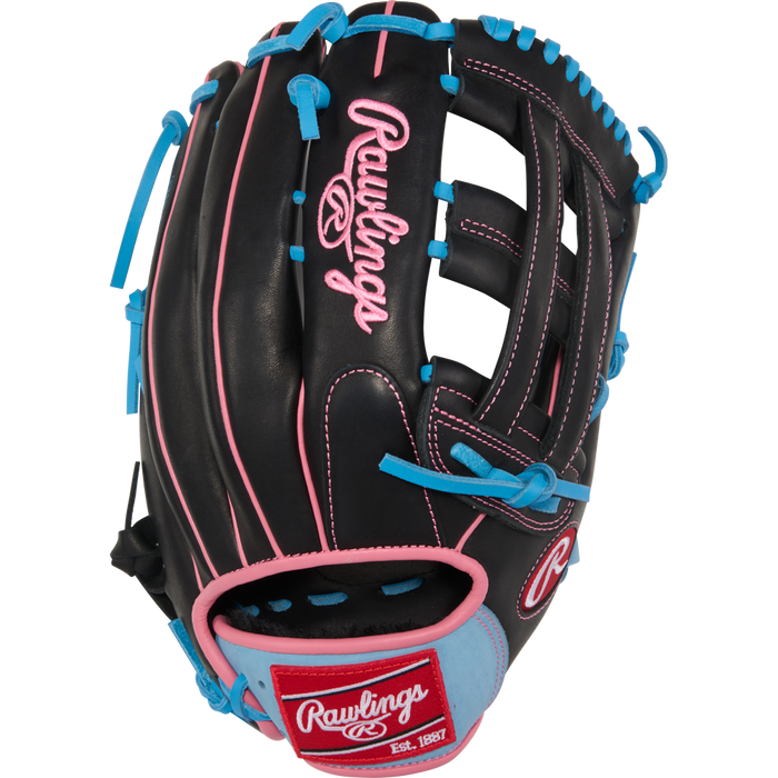 The Rawlings R9 12.75" Baseball Glove (R93029-6BP) features a striking black and pink design, making it an ideal youth outfield glove that delivers both style and top performance.