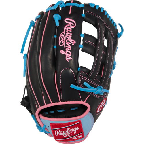 The Rawlings R9 12.75" Baseball Glove (R93029-6BP) features a striking black and pink design, making it an ideal youth outfield glove that delivers both style and top performance.