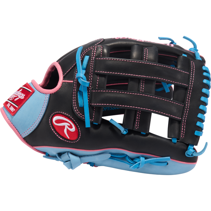 The Rawlings R9 12.75" Baseball Glove (R93029-6BP) features a black design with pink stitching, light blue laces, and blue/pink accents—ideal as a youth outfield glove for players who want both style and top Rawlings performance.