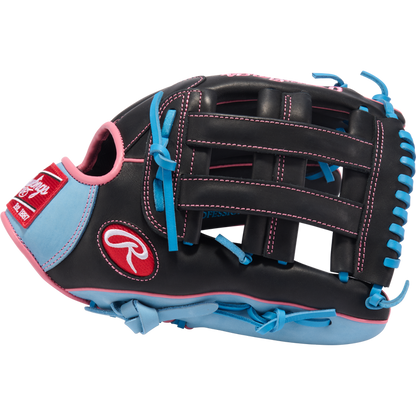 The Rawlings R9 12.75" Baseball Glove (R93029-6BP) features a black design with pink stitching, light blue laces, and blue/pink accents—ideal as a youth outfield glove for players who want both style and top Rawlings performance.