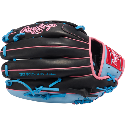 The Rawlings R9 12.75" Baseball Glove (R93029-6BP) is black with pink accents, light blue laces, a pink Rawlings logo, and "THE GOLD GLOVE CO." in gold on the side.
