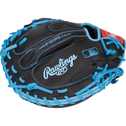 A Rawlings R9 32.5" Baseball Catcher's Mitt (R9CM325BCB) in black with light blue laces and stitching, Rawlings branding, and a Gold Glove Company label is displayed against a white background.