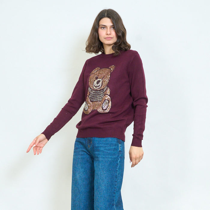Rhinestone teddy bear knit sweater wholesale