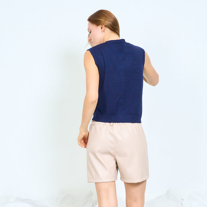 Ribbed button-front knit vest with patch pockets wholesale