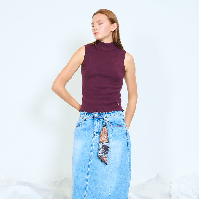 Ribbed mock-neck knit top with lettuce hem wholesale