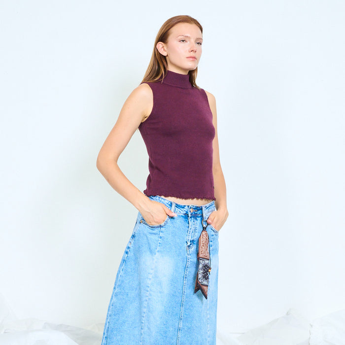 Ribbed mock-neck knit top with lettuce hem wholesale