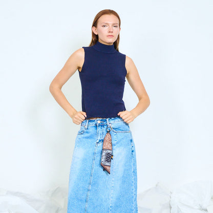 Ribbed mock-neck knit top with lettuce hem wholesale