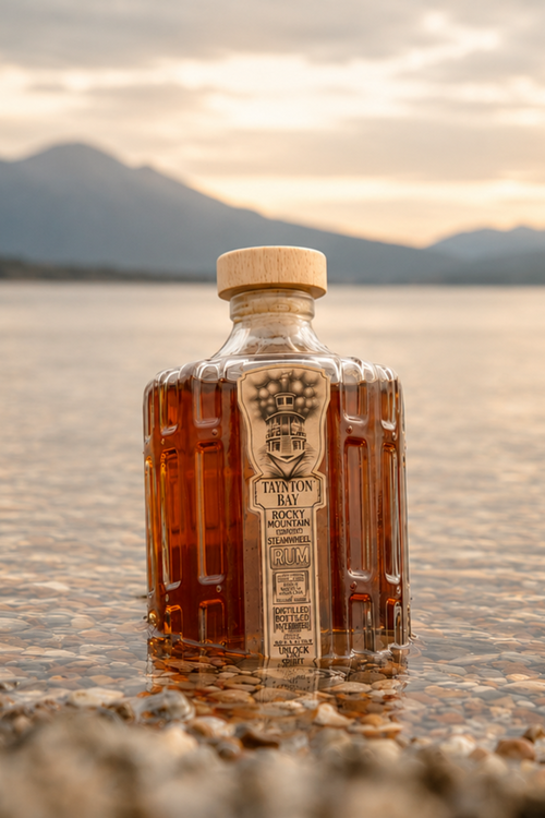Bottle of Tanton Bay steamwheel rum on a beach with mountains in the background