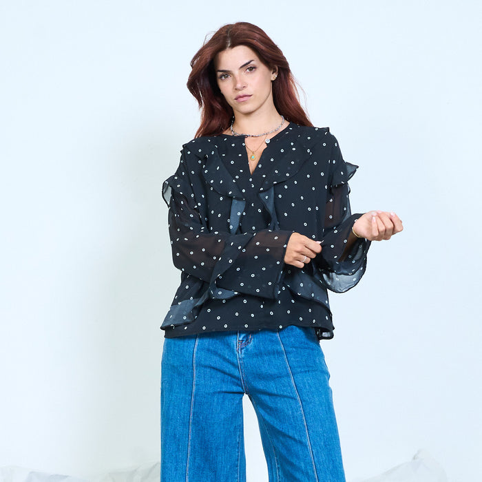 Ruffle polka dot chiffon blouse wholesale