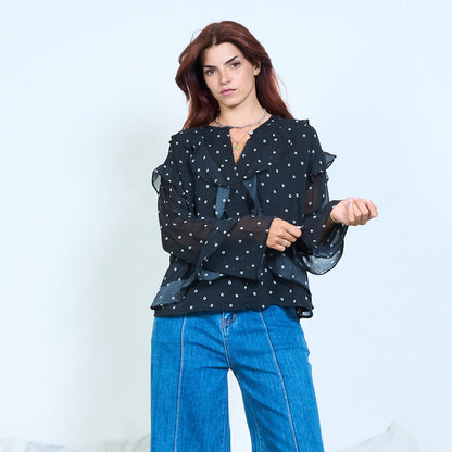 Ruffle polka dot chiffon blouse wholesale