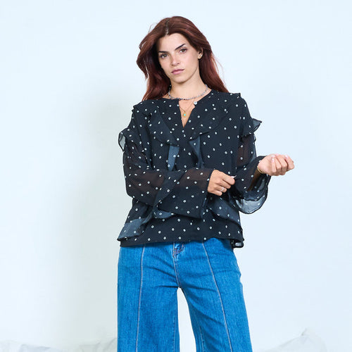 Ruffle polka dot chiffon blouse wholesale