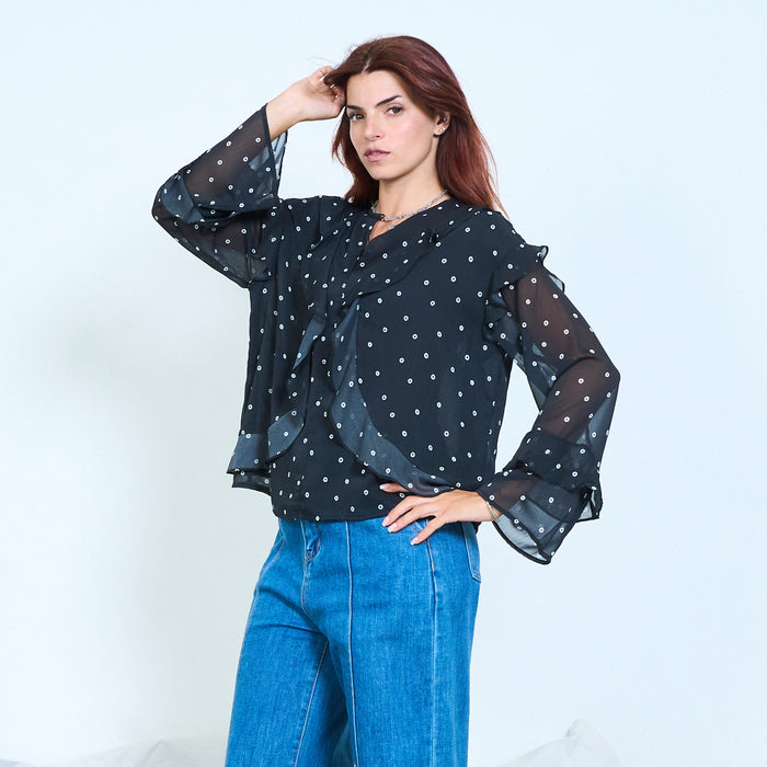 Ruffle polka dot chiffon blouse wholesale