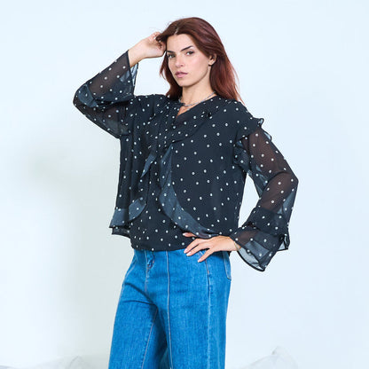 Ruffle polka dot chiffon blouse wholesale