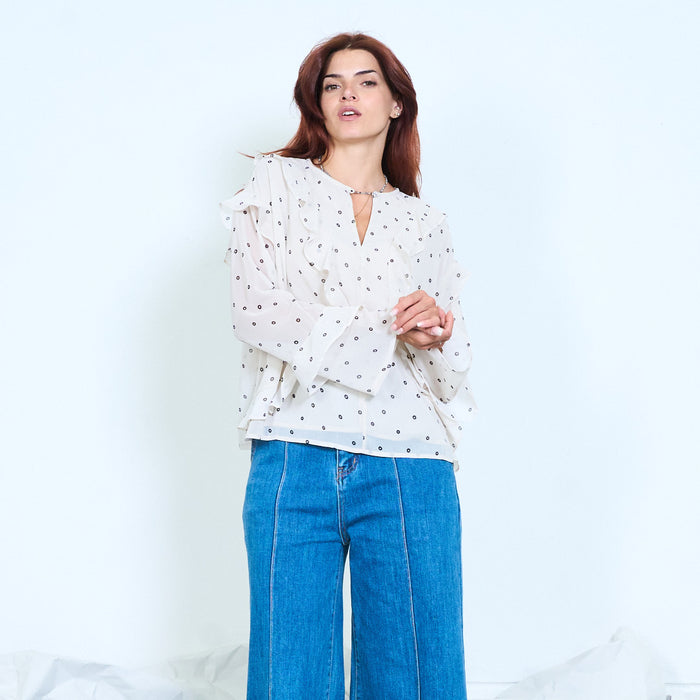 Ruffle polka dot chiffon blouse wholesale