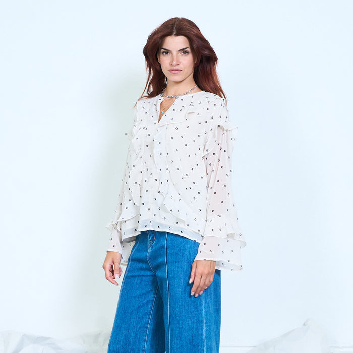 Ruffle polka dot chiffon blouse wholesale