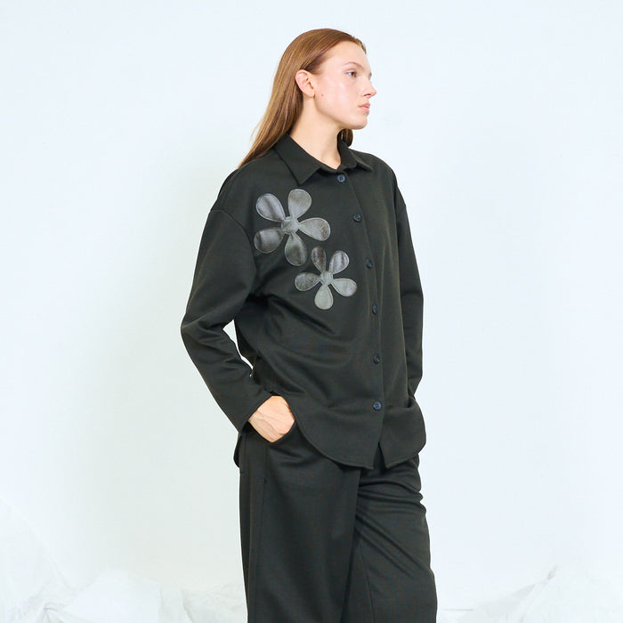 Sculptural floral appliqué blazer with rounded hem wholesale