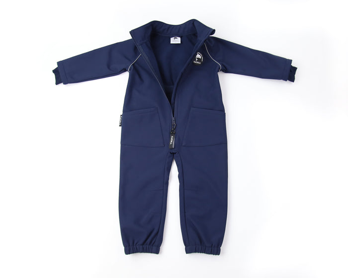Kids navy softshell play suit – front view