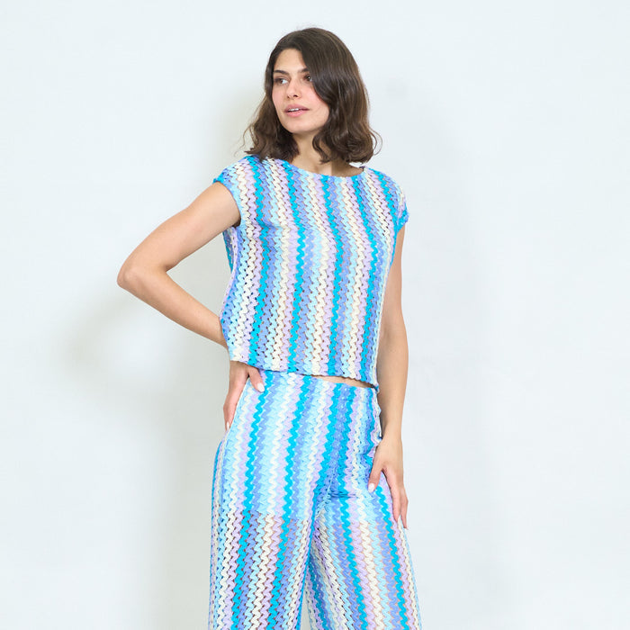 Textured striped sleeveless knitted blouse wholesale
