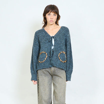 Tie-front leopard pocket cardigan wholesale