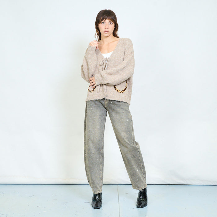 Tie-front leopard pocket cardigan wholesale