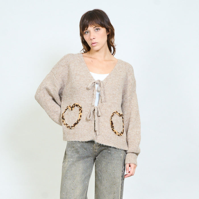 Tie-front leopard pocket cardigan wholesale
