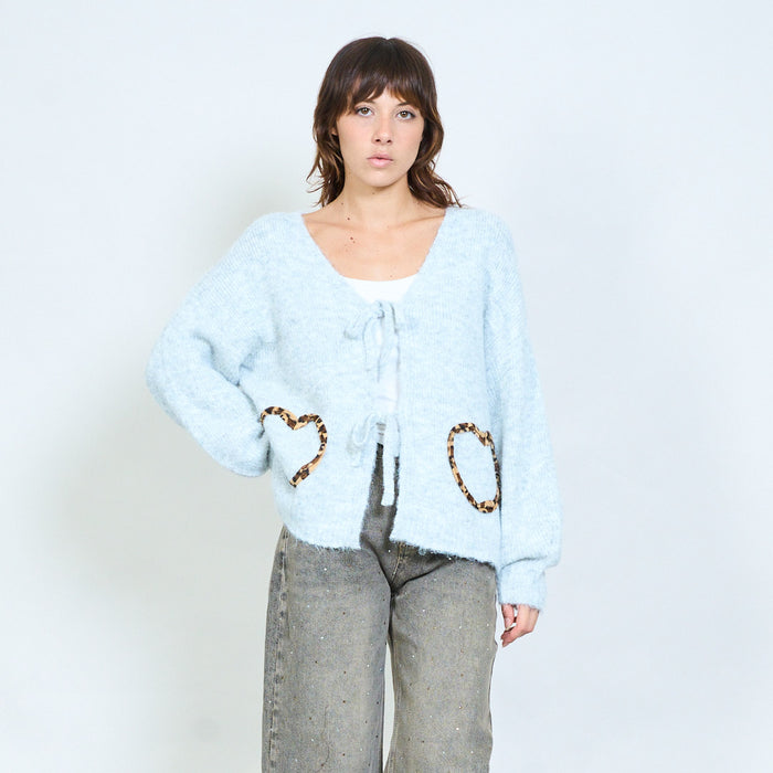 Tie-front leopard pocket cardigan wholesale