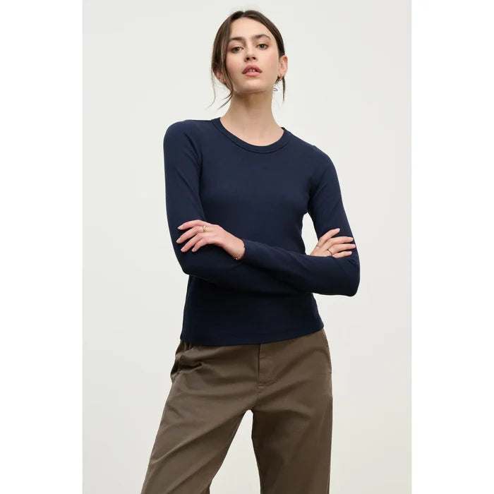 Velvet by Graham & Spencer Lottla Rib Poplin Mix Long Sleeve Crew in Navy