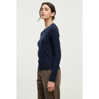 Velvet by Graham & Spencer Lottla Rib Poplin Mix Long Sleeve Crew in Navy