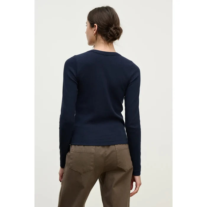 Velvet by Graham & Spencer Lottla Rib Poplin Mix Long Sleeve Crew in Navy