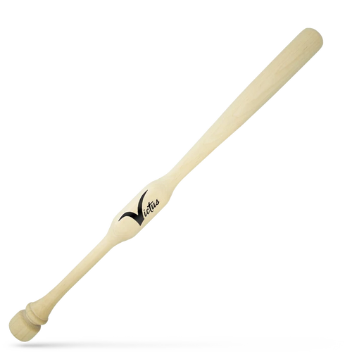 The Victus Youth Two-Hand Trainer Bat (VYTWM2HT-UN) is a light wood youth trainer with a sculpted handle and black Victus logo near the center, shown on a plain white background.