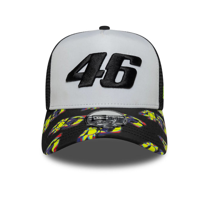 Pictured is this VR46 Print Visor 9FORTY E-Frame Trucker cap in black. 2