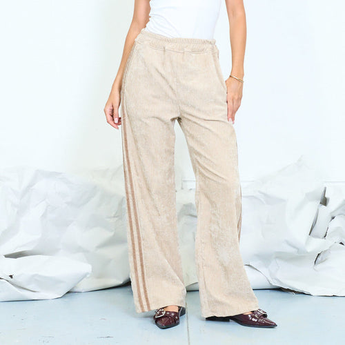 Washed linen-blend straight-leg trousers with side stripes wholesale