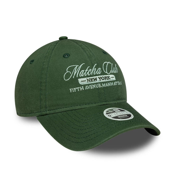Pictured is this Womens New Era Café Slogan 9TWENTY cap in dark green. 3